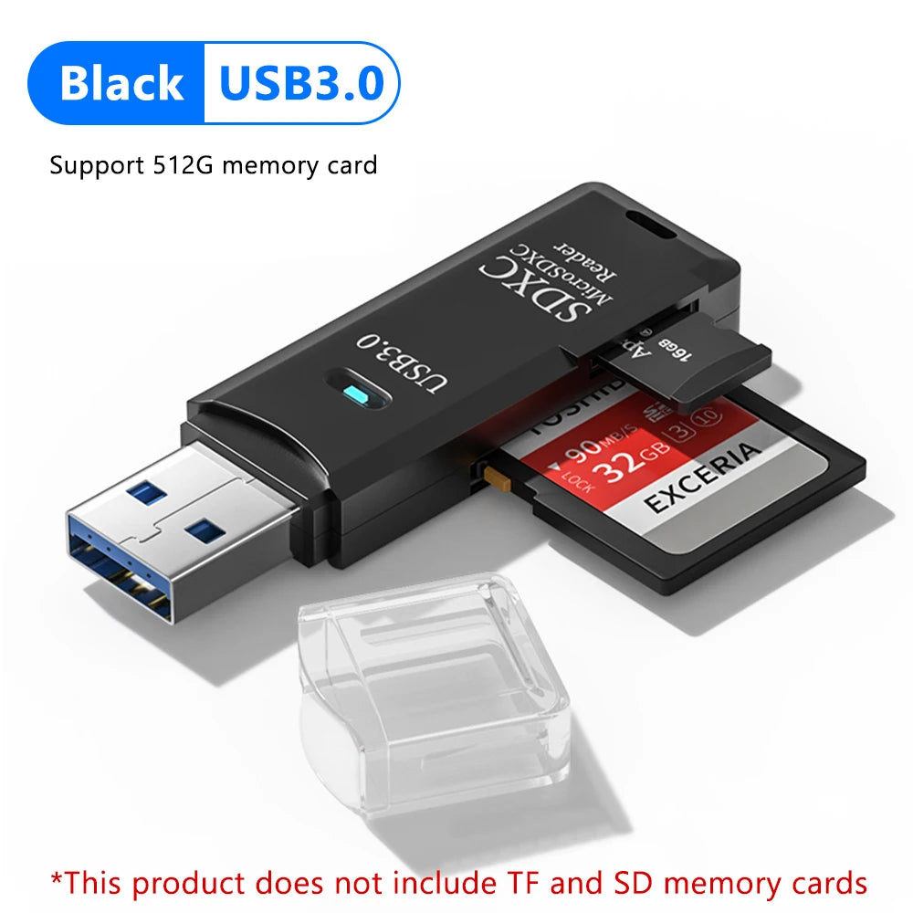 Black USB 3.0 adapter for reading SD and TF memory cards