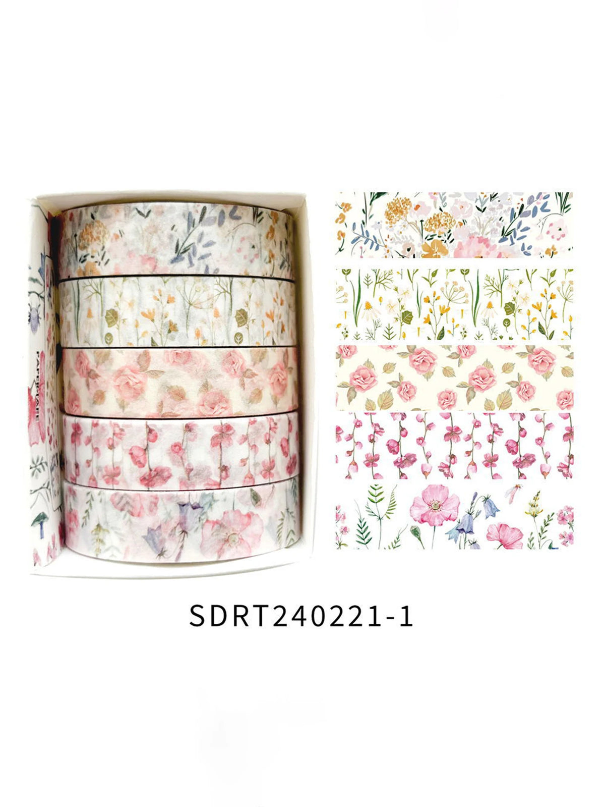 A set of five rolls of floral patterned washi tape for crafting and journaling displayed in a cardboard box.