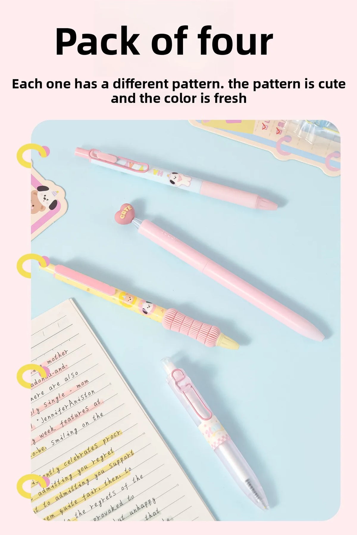 A pack of four cute heart-shaped gel pens featuring different animal patterns and fresh colors.