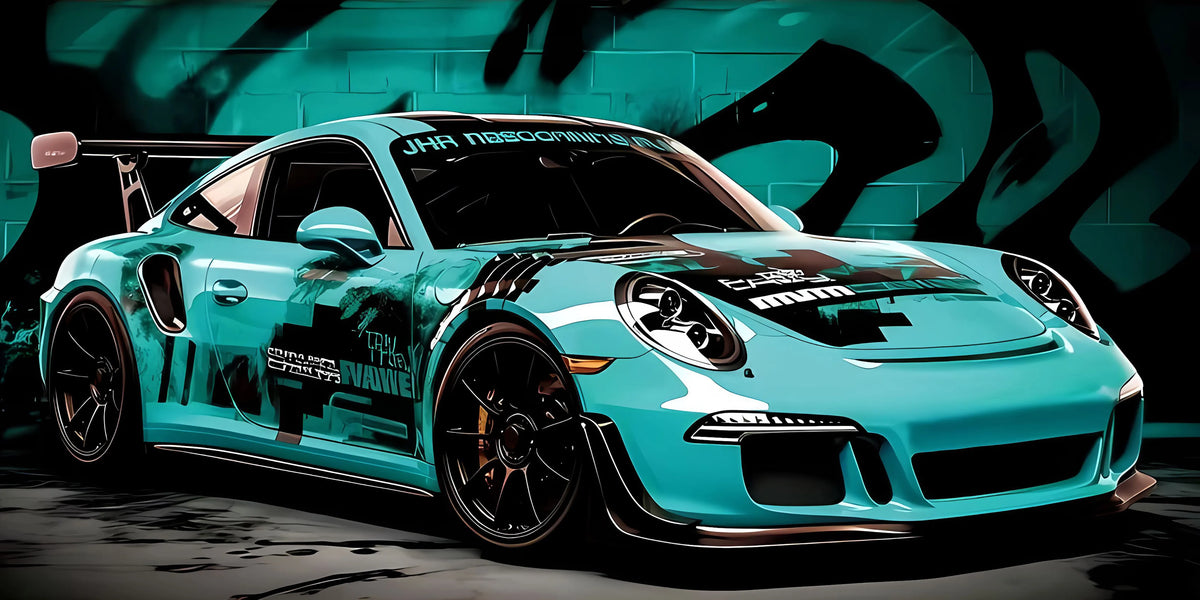 A turquoise JDM car is featured in a dynamic, low-angle shot against a dark background.
