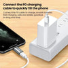 Weißes PD-Ladekabel verbindet ein Smartphone mit einem Netzadapter für schnelles Laden.
