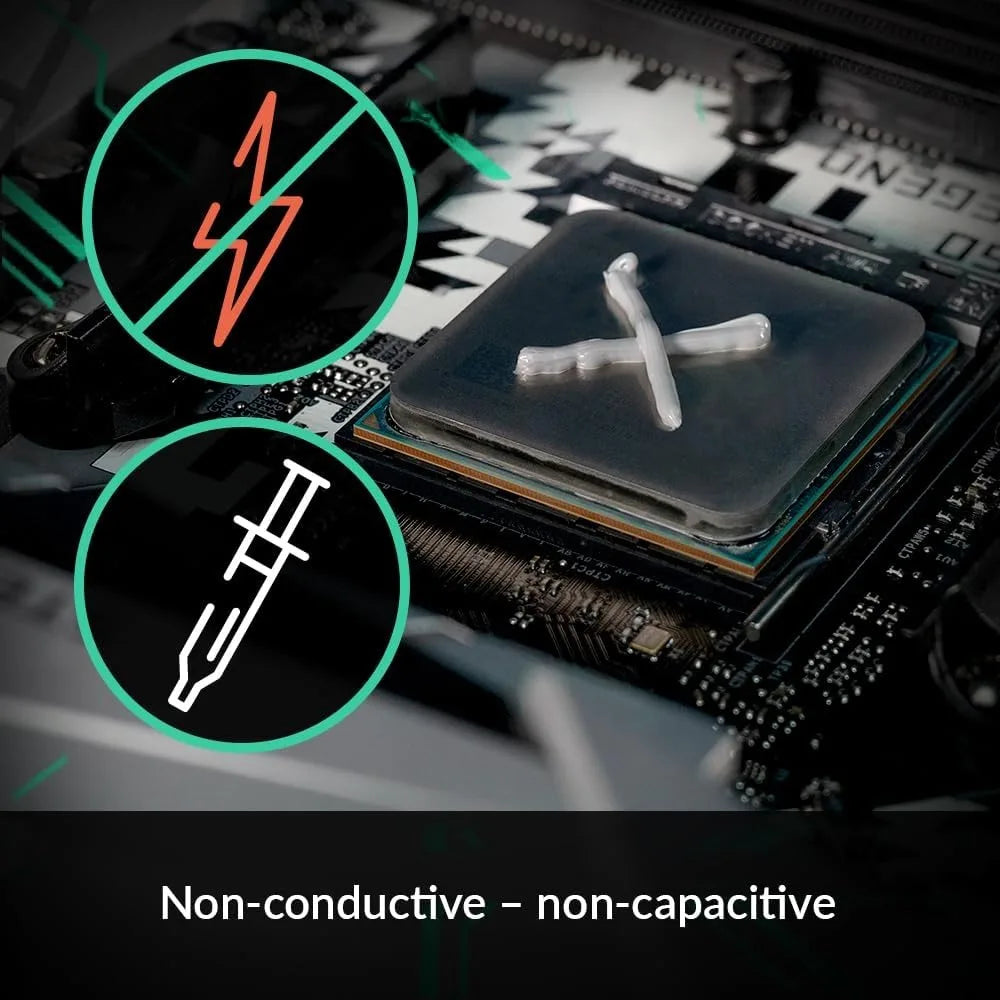 Close-up of a thermal paste tube and a CPU chip on a motherboard, illustrating non-conductive and non-capacitive properties.