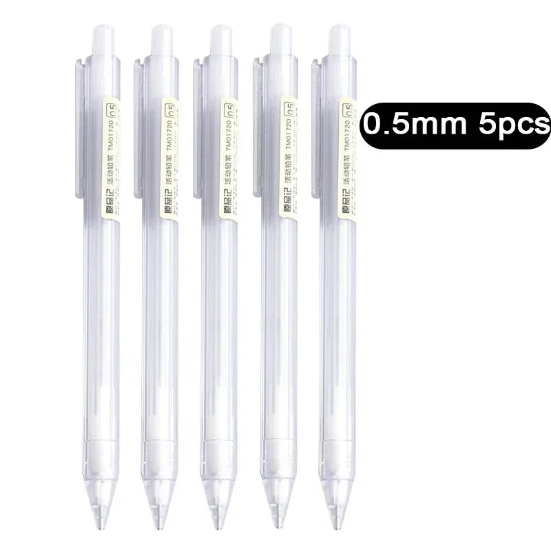 A set of 5 clear plastic mechanical pencil tips, labeled for 0.5mm and 0.7mm pencils.
