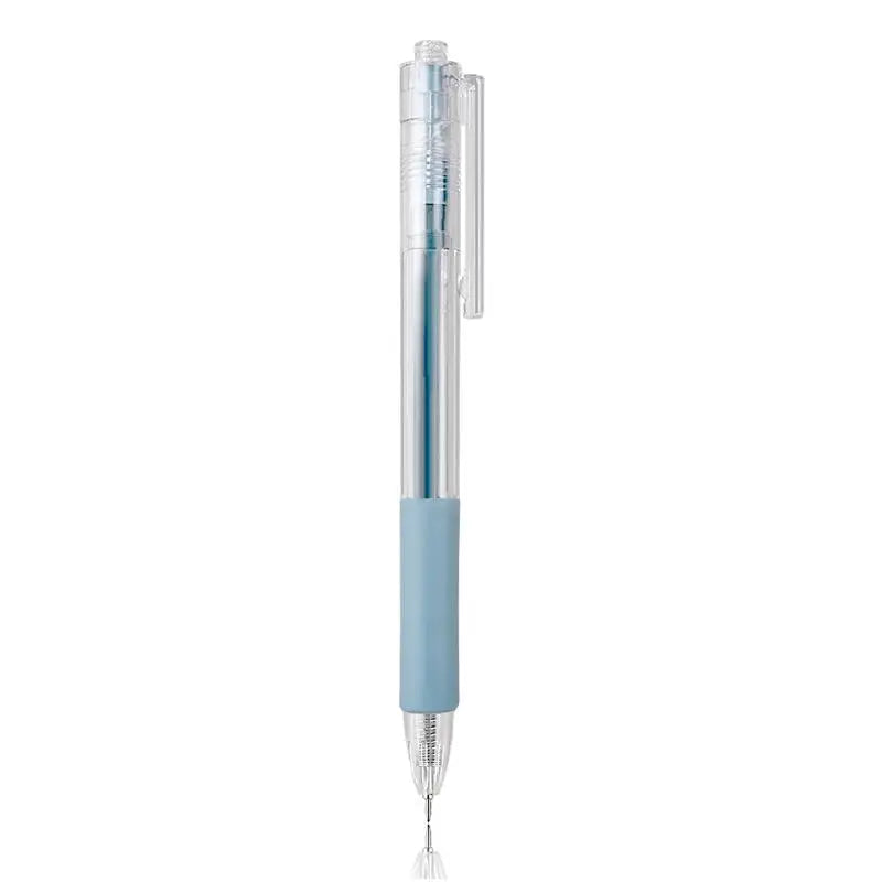 A silver precision utility knife with a blue handle and protective cap.