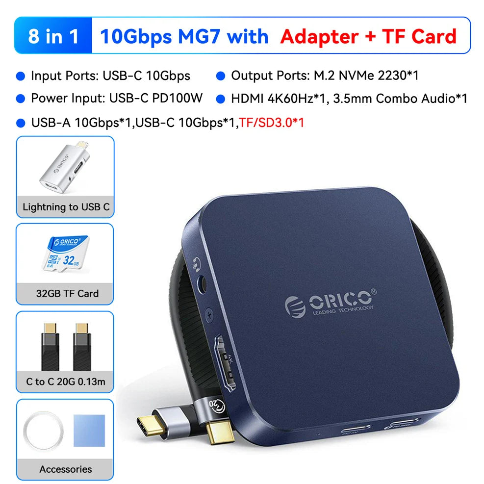 A dark blue high-speed NVMe SSD to USB hub dock with various adapters and a TF card visible.