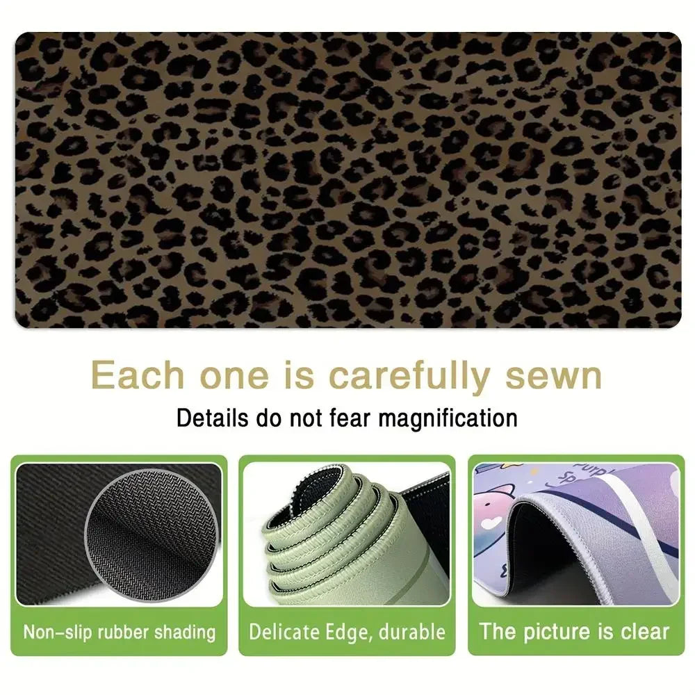 A close-up of a brown and black leopard print mouse pad showing the texture and stitching details.