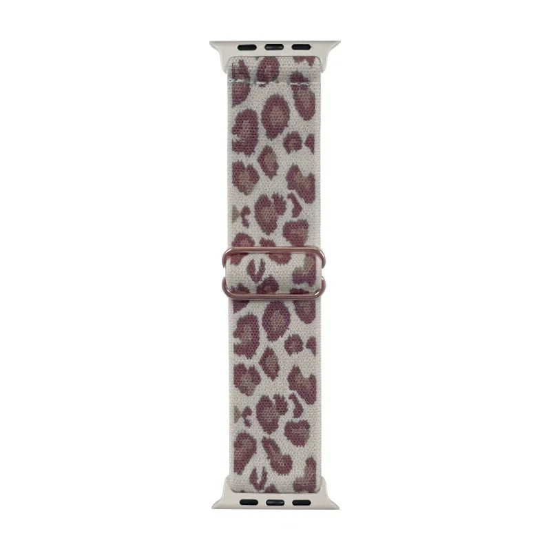 A fashion leopard print nylon Apple Watch band with a rose gold buckle.