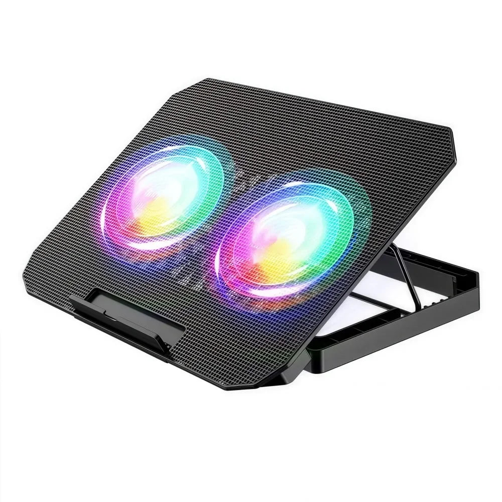 Adjustable RGB laptop cooling pad with a phone holder featuring illuminated light patterns.