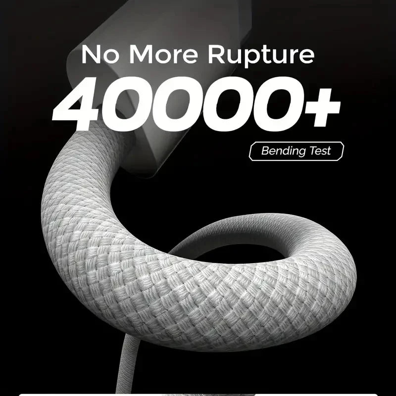 A gray USB cable is shown undergoing a bending test with the text No More Rupture and 4000+ visible.