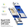 A blue USB 3.0 card reader showing multiple slots for reading SD and TF memory cards.