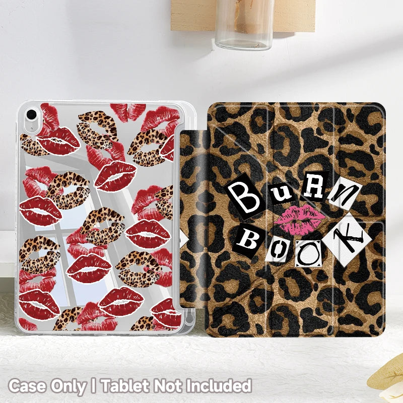 A clear protective case for an iPad featuring a leopard print design on the back cover.