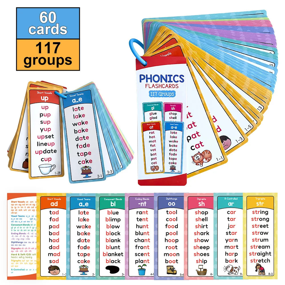 Ein Set aus 60 Phonics-Karteikarten, organisiert in 117 Gruppen mit Buchstaben und Wörtern zum Lernen für Kinder.