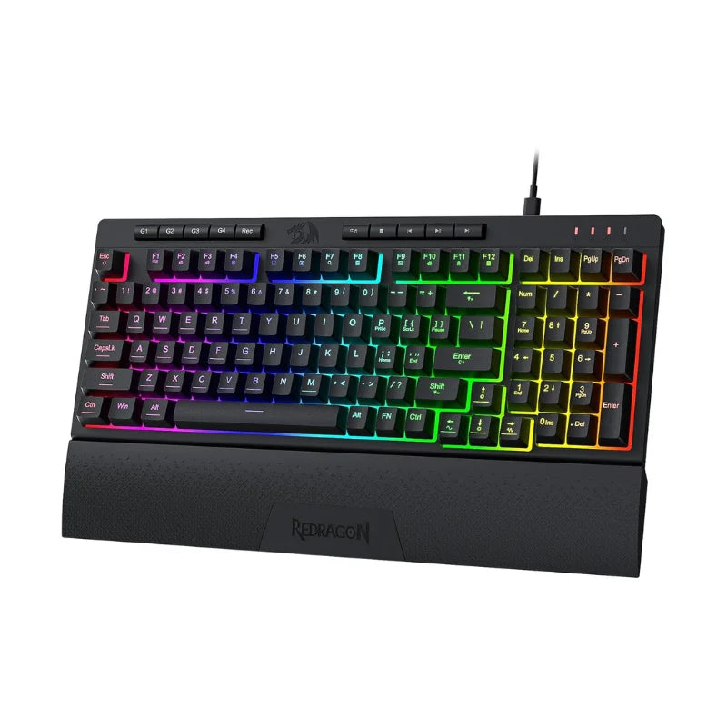 A black Redragon K515 Shiva wired RGB membrane gaming keyboard with colorful backlit keys.