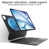 A black magnetic keyboard case with a visible iPad screen and trackpad, demonstrating strong magnetic support.
