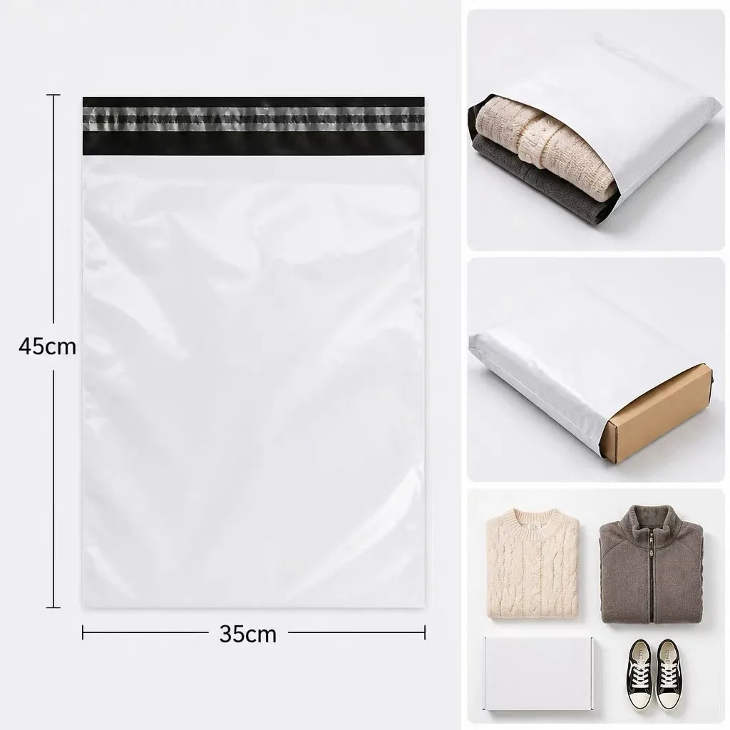 A white self-adhesive courier mailer bag with a black header and a brown kraft paper roll visible.