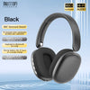 Black over-ear headphones shown against a light blue background with features listed.