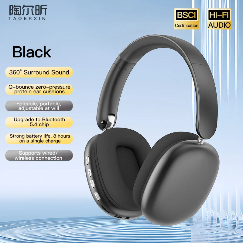 Black over-ear headphones shown against a light blue background with features listed.