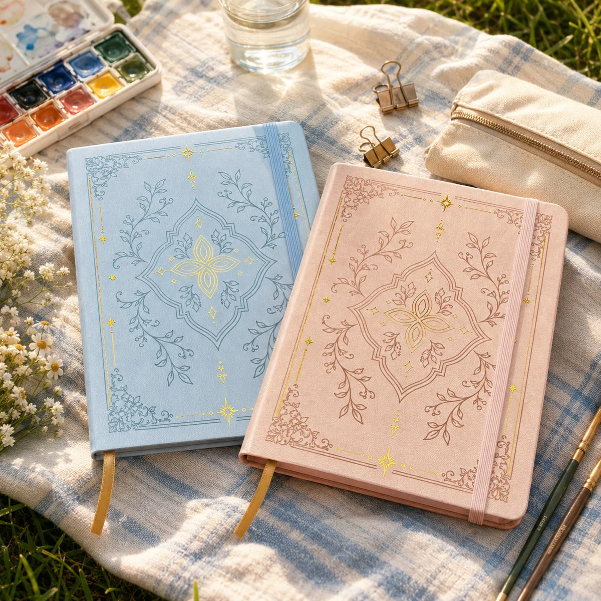 A light blue A5 dot grid notebook with a gold foil botanical cover resting on a linen cloth.
