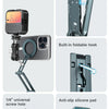 A professional magnetic phone tripod stand featuring a threaded hole, foldable hook, and anti-slip silicone pad.