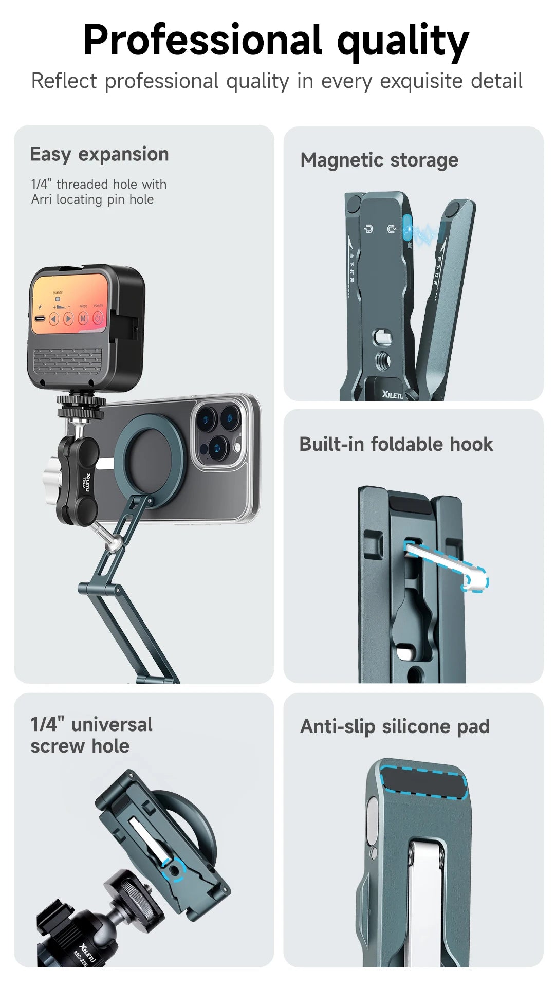 A professional magnetic phone tripod stand featuring a threaded hole, foldable hook, and anti-slip silicone pad.