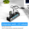 A black USB hub splitter extender with an independent switch and LED indicator connected to a laptop.