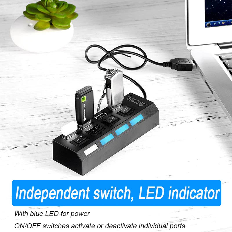 A black USB hub splitter extender with an independent switch and LED indicator connected to a laptop.