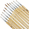 A set of professional miniature paint brushes with wooden handles and numbered tips.
