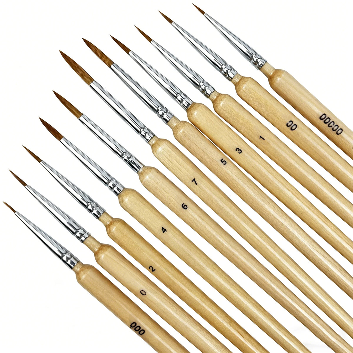 A set of professional miniature paint brushes with wooden handles and numbered tips.