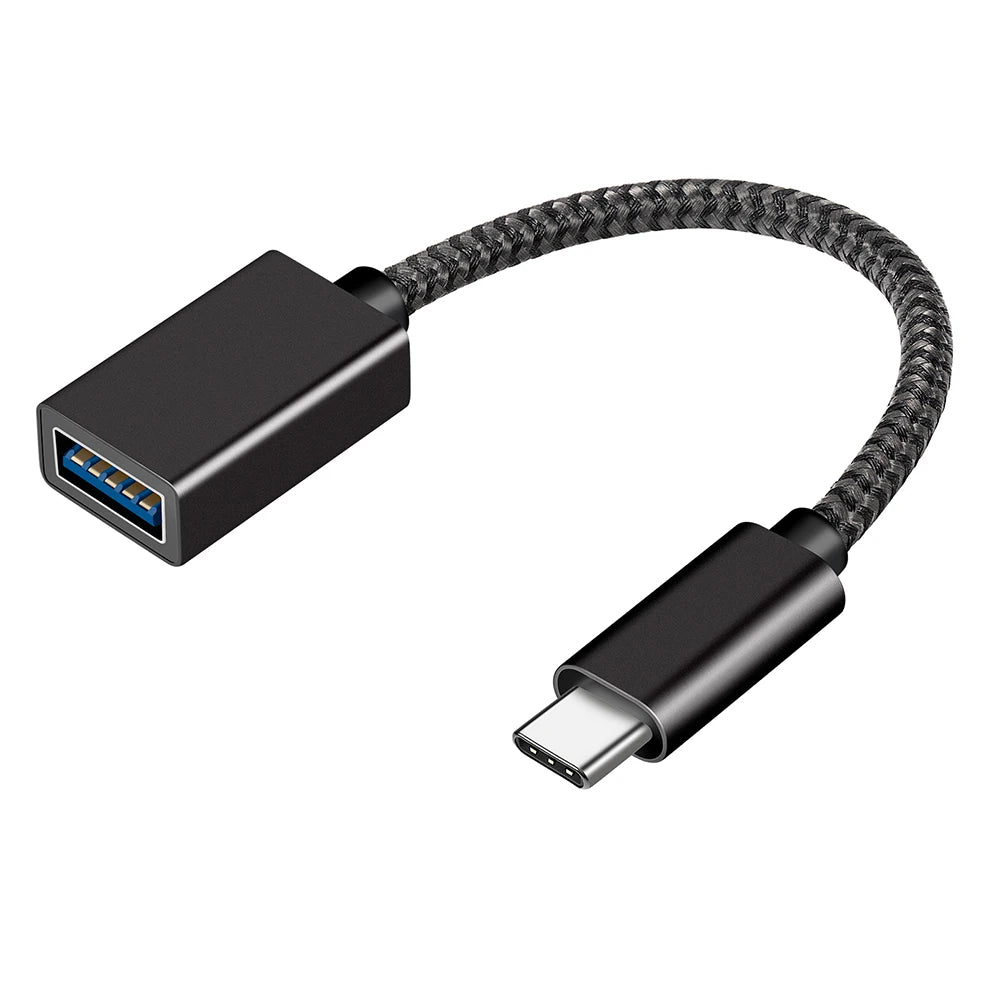 Black USB-C to USB-A adapter cable with a braided black wire.