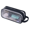 A clear mesh pencil pouch with a black zipper and elastic strap, containing various writing tools.
