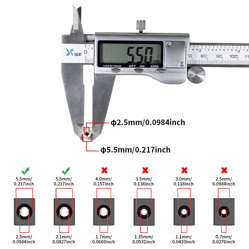 A caliper measuring various thicknesses of metal, including 2.5mm to 5.5mm, in both millimeters and inches.