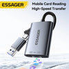 A gray ESSAGER mobile card reading device with dual connectors is shown transferring data onto a surface.