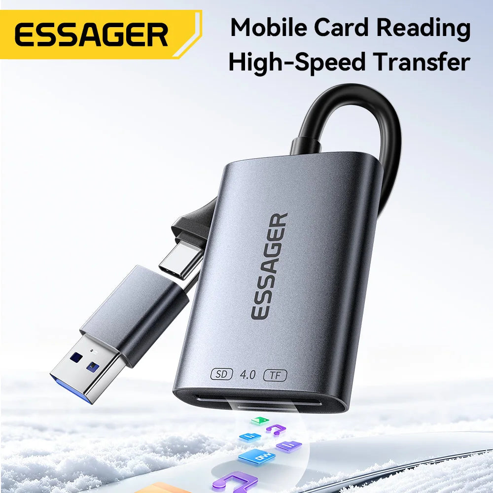 A gray ESSAGER mobile card reading device with dual connectors is shown transferring data onto a surface.