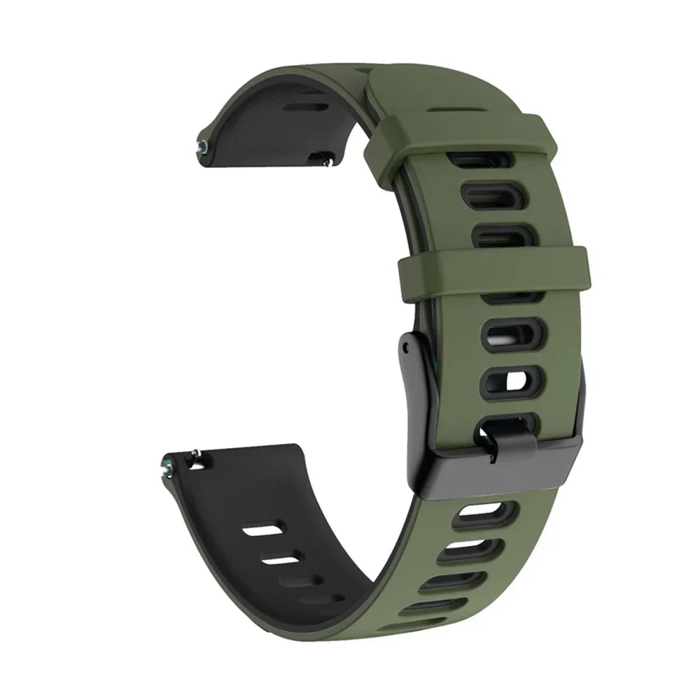 A dark olive green silicone watch band for a smartwatch, shown from the side.
