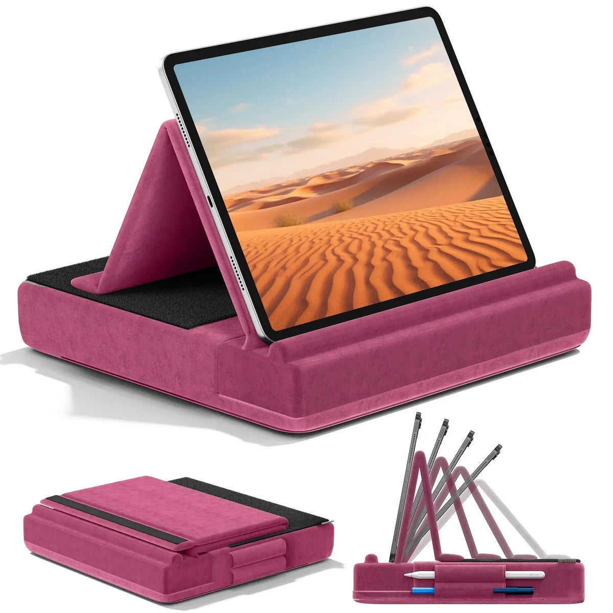 A pink foldable tablet pillow stand with a screen and stylus holder shown in various configurations.