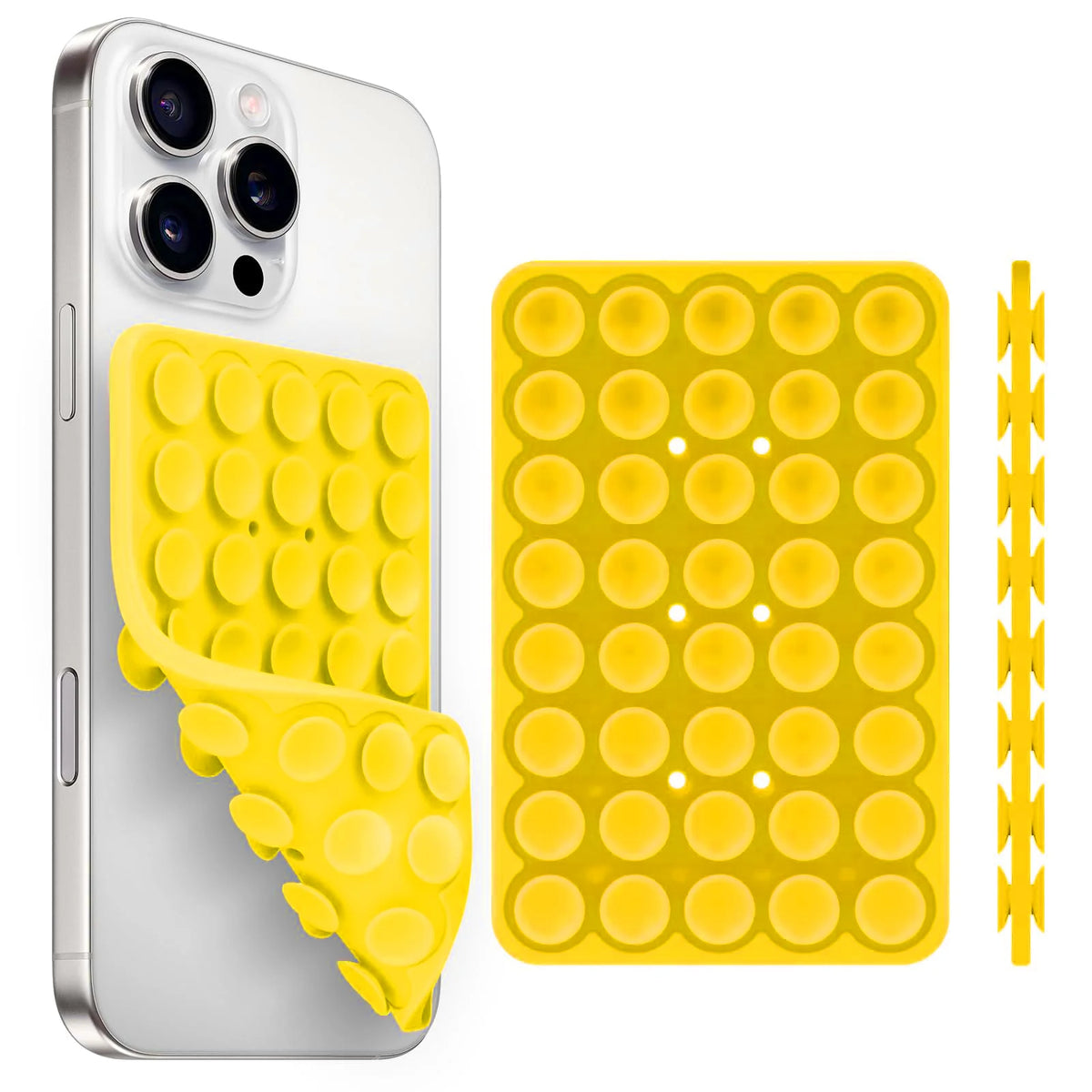 A silver smartphone case with a yellow silicone suction cup phone holder and an accompanying yellow silicone grip.