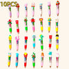 A collection of 10 multicolor kawaii ballpoint pens in various shapes and colors.