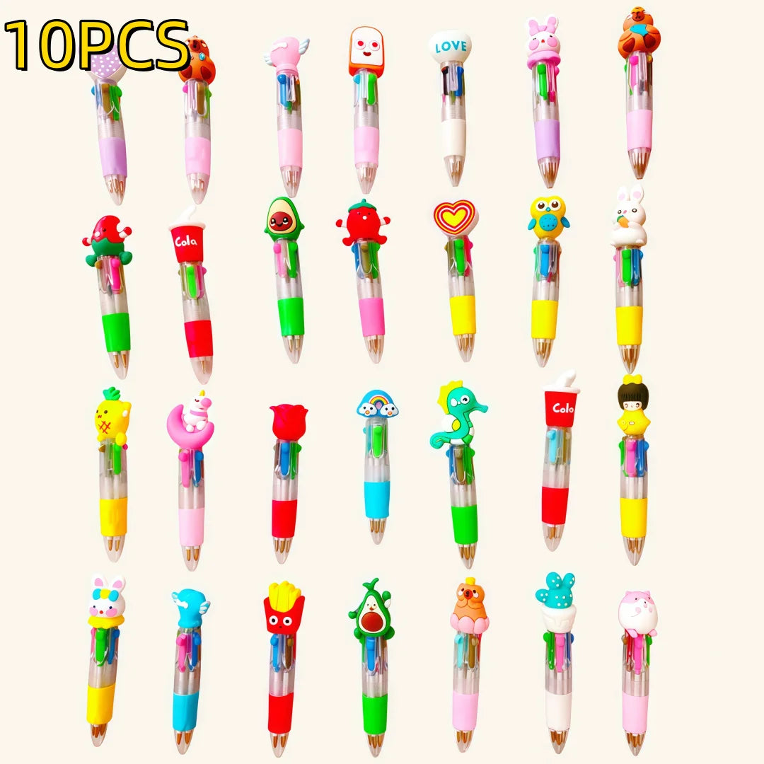 A collection of 10 multicolor kawaii ballpoint pens in various shapes and colors.