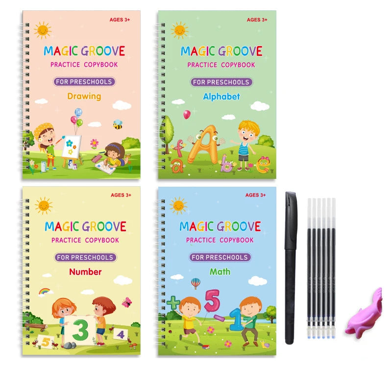 Un set de tres cuadernos de práctica Magic Groove para preescolares, incluyendo Dibujo, Alfabeto y Número, junto con un lápiz