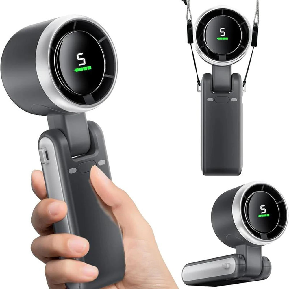 Una mano sostiene un ventilador portátil turbo con control de velocidad ajustable.