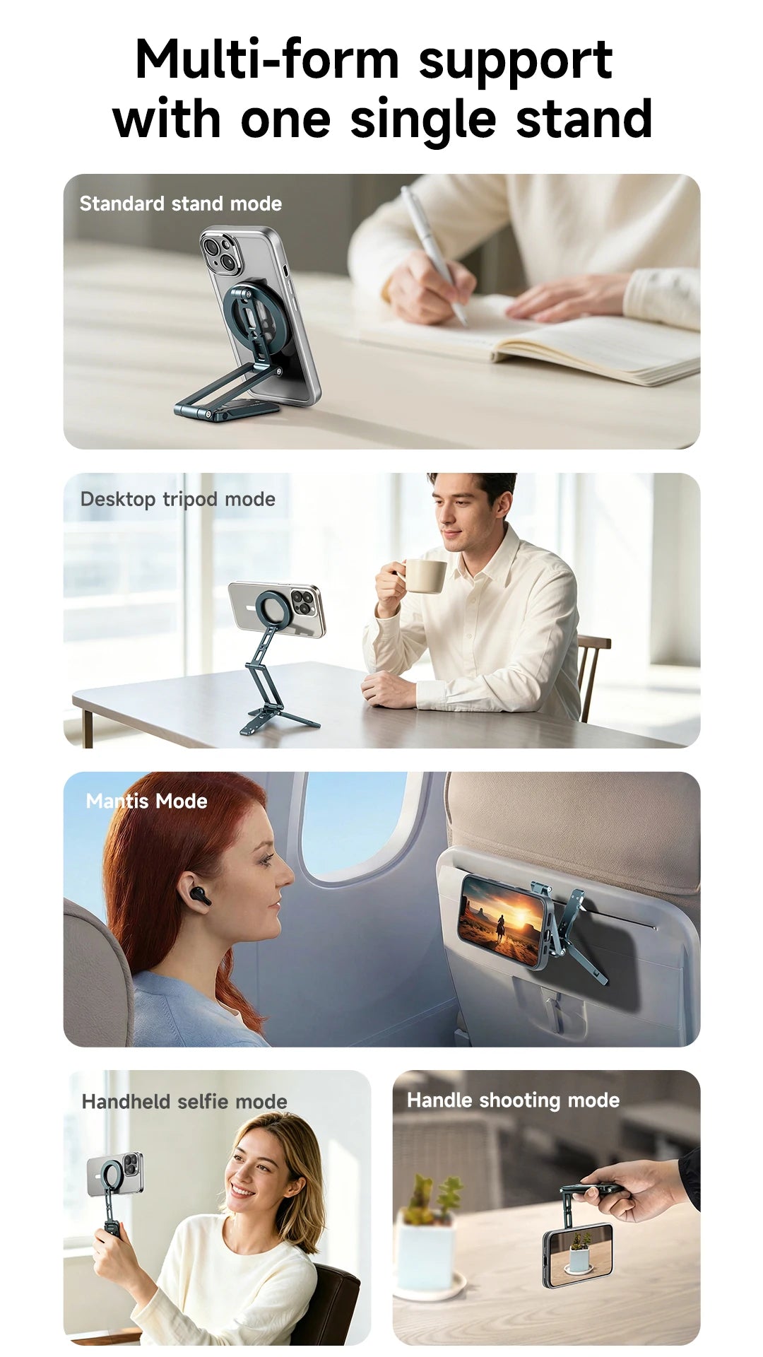 A multi-form magnetic phone tripod stand shown in various modes including standard, desktop tripod, Mantis, and handheld self