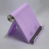 A purple foldable desktop phone holder with a silver rotating mechanism.