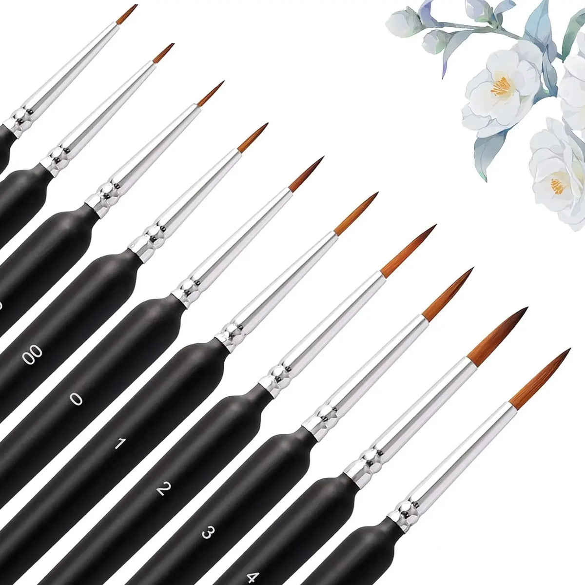 A set of professional miniature paint brushes with black handles and various sizes arranged diagonally.