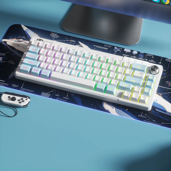 A white 68-key keyboard with purple and green accents is displayed on a blue surface next to a controller.