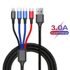 A black braided 4-in-1 multi-device fast charging cable with four different connector types.