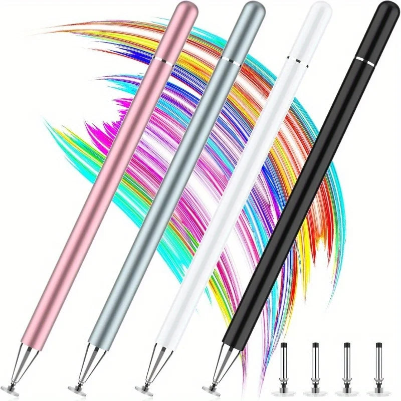 Ein Set von sechs Präzisionsmetall-Stiften in verschiedenen Farben und Oberflächen vor einem farbenfrohen abstrakten Hintergr