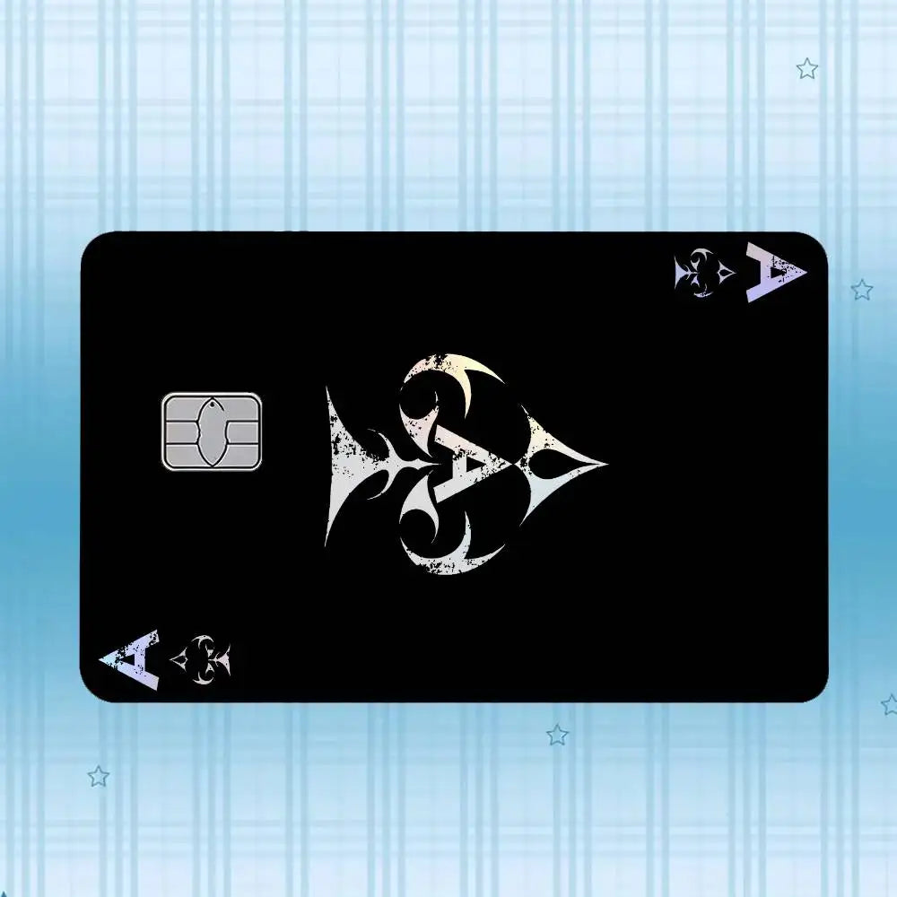 A black card displaying a holographic laser design on its surface.