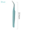 A blue macaron precision tweezer used for nail art and eyelash extensions.