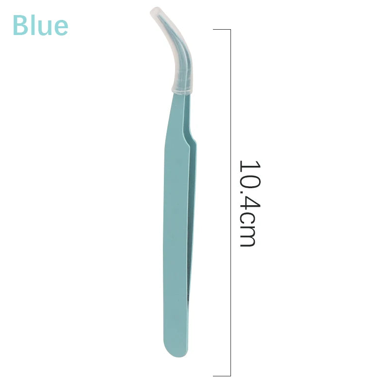 A blue macaron precision tweezer used for nail art and eyelash extensions.