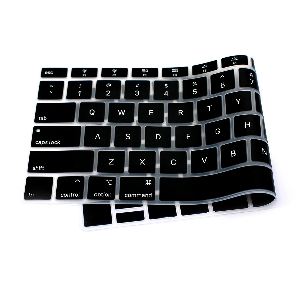 Black silicone keyboard cover for a laptop, showing the full layout of a standard keyboard.